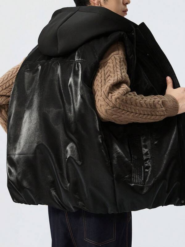 Gilet grande taille, noir brillant épais à capuche, convient pour l'hiver