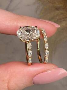 rundraw 2pcs Classic Marquise Cut Oval Elegant Copper Gold Color Ring Set, Engagement Wedding Marriage Season - Gold - View 4