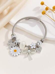 1pc Women's Elegant Pink Crystal Faux Pearl Pendant Cat Bow Beaded Bracelet, Cherry, Crown, Suitable For Women's Party Jewelry Gifts, Mother's Day, Halloween, Christmas, Valentine's Day