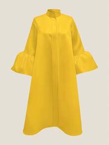 Đầm dài vừa phải, cổ đứng, tay đèn lồng, màu trơn, giản dị, thanh lịch, ngọt ngào, nhẹ nhàng dành cho nữ mùa hè - Màu vàng - Xem 4