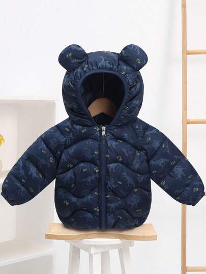 Autumn/Winter New Dinosaur Print Lightweight Warm Hooded Jacket For Toddler Boys & Girls, Kids, Infants