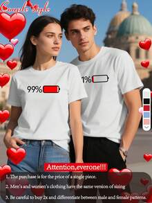 Couple's Matching Funny Relationship T-Shirts - Women's 99% Battery Life & Men's 1% Graphic Tee - Couples Shirt - Breathable Polyester Date Night Outfits - Gift For Couples Anniversary Valentine's Day - Machine Washable Casual Tops, Anniversary Shirts For Couples, Romantic Night Out, Heart Motif Design, Comfortable Fit - 女款白色 - 查看 1
