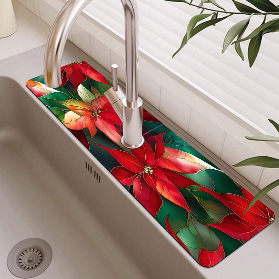 1 Stück schnell trocknendes Kieselgur und Gummi rutschfestes saugfähiges Küchen-/Badezimmer Armaturenpad, das wunderschön dekorierte Blumenmuster für Feiertage ausschneiden kann, Kieselgur rutschfeste Silikon Armaturenschutz Abflusspad, Haushalts-Küchen-Abflusspad, Waschbecken-Schutz, geeignet für alle Arten von Armaturen in Badezimmern und Küchen.