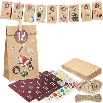 Mvyc Calendario dell'Avvento Natalizio 2025 (riempibile), 24 sacchetti di carta natalizia, 24 adesivi numerati e molti adesivi fai-da-te, mollette in legno, corda di iuta Calendario dell'Avvento fai-da-te Sacchetti regalo (adatti per artigianato e regali)