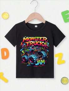 Cute Boy's Summer Top - MONSTER TRUCK JAM Cartoon Print Short Sleeve Crew Neck T-Shirt - Casual Outing Tee Gift - Black - View 2