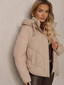 Women's Casual Hooded Long Sleeve Drawstring Quilted Jacket, Autumn/Winter - Dark Grey - View 4