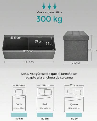 Banco de Almacenamiento, Baúl, Caja de Almacenamiento, Plegable, Carga de 300 kg, 120 L, 110 x 38 x 38 cm, Gris Oscuro