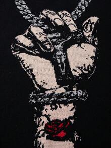 Men's Casual Loose Solid Color Pullover Sweater With Cross And Rose Graphic, Vintage American Gothic Style, Long Sleeve Knitted Top For Autumn And Winter - Black - View 5