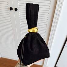 low tea 1pc Solid Color Suede Fabric Handbag For Women, Personalized Mini Cloud Pleated Bag With Metal Decor Zipper Closure, Suitable For Daily And Outing Use - Black - View 9