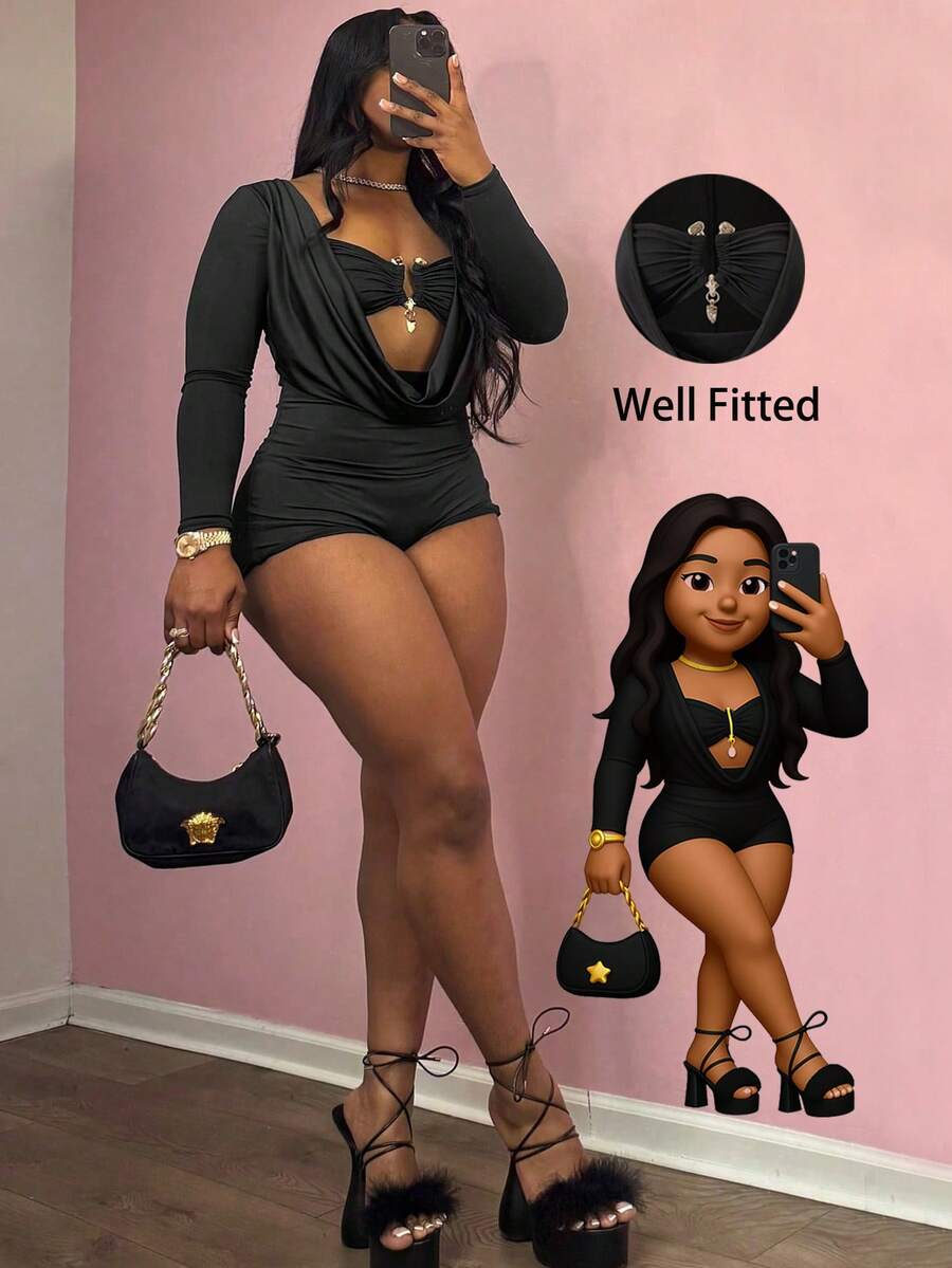 Bộ jumpsuit nữ AiTyi với cổ áo xếp ly, thiết kế ôm sát tôn dáng, thoải mái và thời trang cho sinh hoạt hàng ngày, dã ngoại, dạo phố, đi làm, mua sắm, dự tiệc, phong cách Y2K thanh lịch, phù hợp cho mùa xuân, kỳ nghỉ, ngày Quốc khánh, tựu trường, lễ tốt nghiệp, tháng Tự hào, lễ hội âm nhạc, lễ hội hóa trang, lễ Phục sinh, bộ jumpsuit dệt kim xếp ly thoải mái, gợi cảm mới nhất mùa xuân/hè 2026 màu đen - màu đen - Xem 1