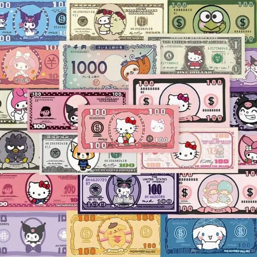 Sanrio 50pcs Cartoon Sanrio Banknote Stickers, Cute Cartoon Design, Highly Attractive Notebook, Phone Case, Laptop Decorative Stickers