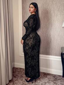 Doriss Plus-Size Style Floral Print Satin Split Hem Side Drawstring Prom Dress, Elegant Dress, Wedding Season, Essential, Black Dress, Suitable For Dinner, Old Money, Autumn & Winter, Homecoming, Halloween, Date Night Outfits Women