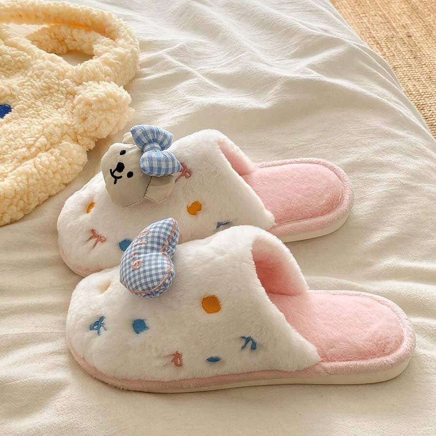 Süße Cartoon Schleife Teddybär Hausschuhe für Innenräume, bequem & leicht, dicke Sohle warme Plüsch Hausschuhe für Herbst/Winter