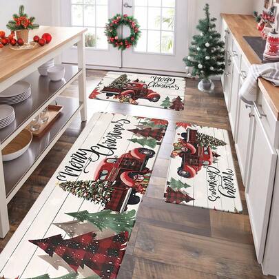 Bộ 1/2/3 tấm thảm nhà bếp dày 0.47 inch/1.2 cm chủ đề Giáng sinh - Họa tiết cây thông Noel và xe tải, họa tiết người lùn, thảm hành lang chống mỏi, thảm nỉ mềm chống trượt không bám bẩn cho phòng ngủ, phòng khách, phòng ăn, phòng tắm, lối vào.
