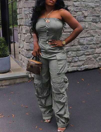 Sweet And Cool Fashion Women's Y2K Style Workwear Jumpsuit, Denim Jumpsuit, Denim Workwear, Mid Waist Non Elastic, Waist Cinching And Hip Lifting, Loose And Slimming, Suitable For All Seasons, Paired With Multi Pocket Design,  And Cool, Suitable For Back To School Season, Hot Girls, Work, Outdoor Work, Outdoor Activities, Travel, Streets, Nightclubs, Parties, Fashion Shows