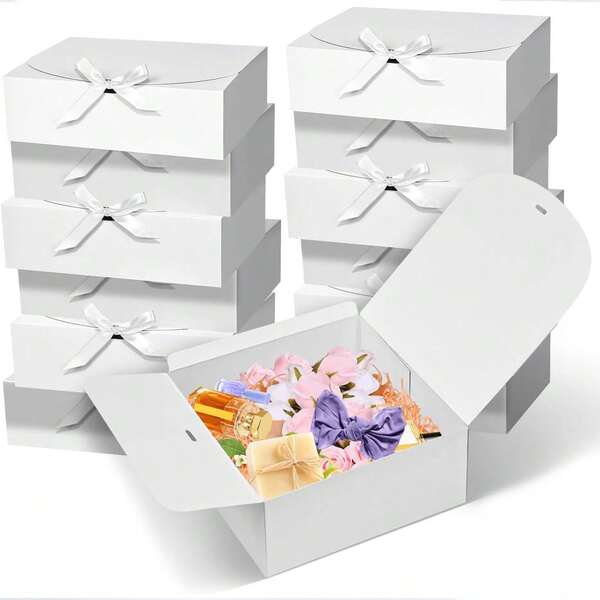 12 Stück Geschenkbox Set mit Deckel, Schleifenband Dekoration, geeignet für Brautjungfern, Heiratsantrag, Hochzeit, Weihnachten, Halloween, Valentinstag, Babyparty (Rosa, Schwarz, Weiß, Braun)