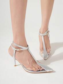 Tocuri înalte stiletto cu vârful ascuțit, de culoare roșu vin, cu design transparent cu baretă din TPU, potrivite pentru purtare zilnică, nuntă, bal, sărbători, petrecere disco, elegante și la modă, potrivite pentru Halloween, Crăciun, toamnă, sexy pentru ieșiri în oraș.