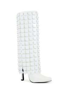Bota de punta puntiaguda con lentejuelas de estilo disco "So Me Infernom", bota alta, lisa, con contraste de malla, para fiesta, otoño/invierno - Blanco - Ver 2