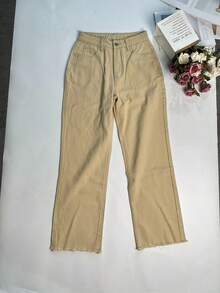 复古美式街头风女式牛仔裤，无弹力直筒牛仔裤，欧美嘻哈时尚 - 卡其色 - 查看 3