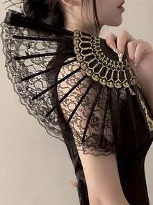 1 chiếc quạt gấp tay ren đen phong cách Trung Hoa cổ điển thanh lịch, phụ kiện sườn xám Hanfu, đạo cụ chụp ảnh tua rua cổ điển cho ngày lễ tình nhân Halloween - màu đen - Xem 3