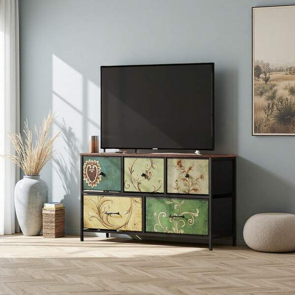  Caluself Cómoda de 5 cajones con estampado floral para dormitorio, mueble de TV, mueble de TV, cómoda retro con estructura de metal, taquilla, mueble de almacenaje, aparador para salón, recibidor, armario