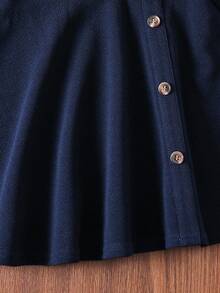 Tween Girl Solid Color Dress With Button Decor, Spring/Autumn - Royal Blue - View 6