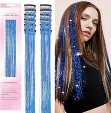 6PCS Clip en Ha Tinsel Set 23.6 pulgadas Peluca Pieza Accesorios Ha brillantes Extensiones Ha Glitter r Mujeres Gls Niños Festival Uso (Gold) - Azul - Ver 8