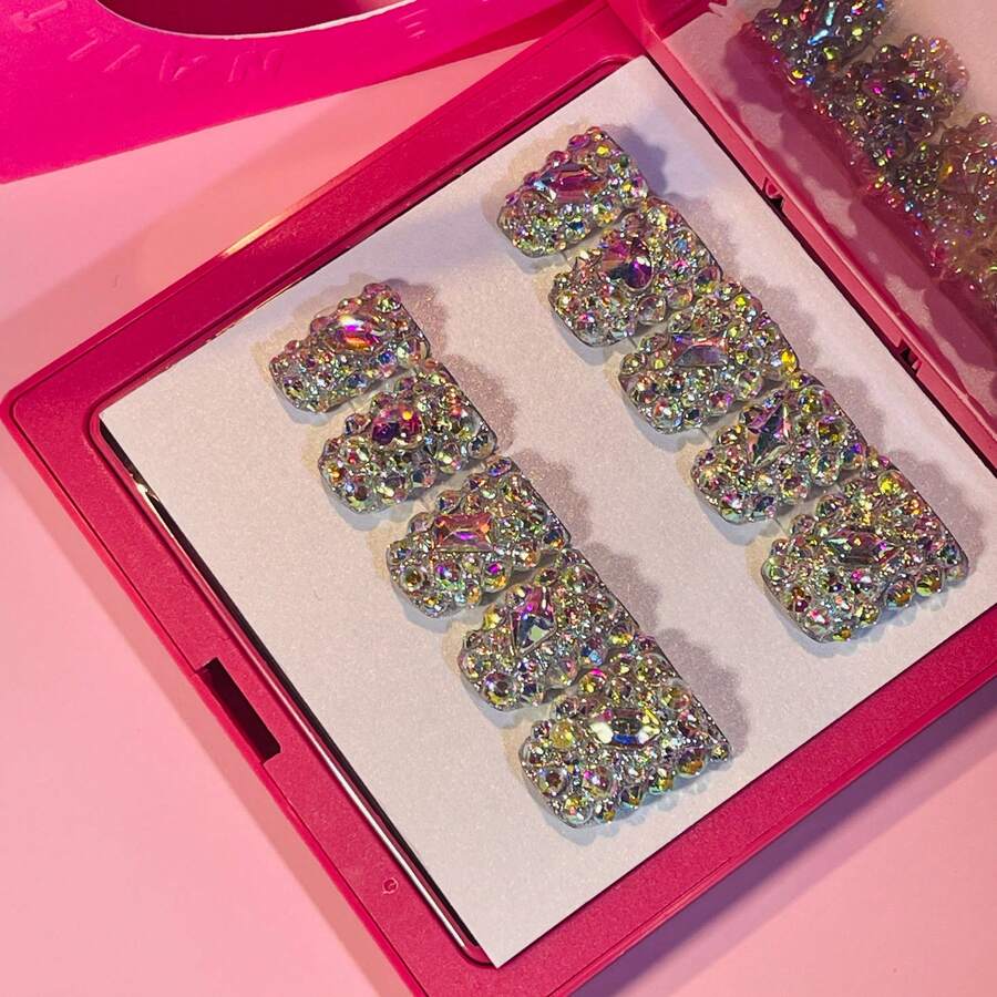 NailLuxe 10 PCS Handmade Duckbill Press - On Nails | HoloGlamRhinestones With Acrylic Iridescent Rhinestones & Crystal Cluster Details - Bạc - Xem 1