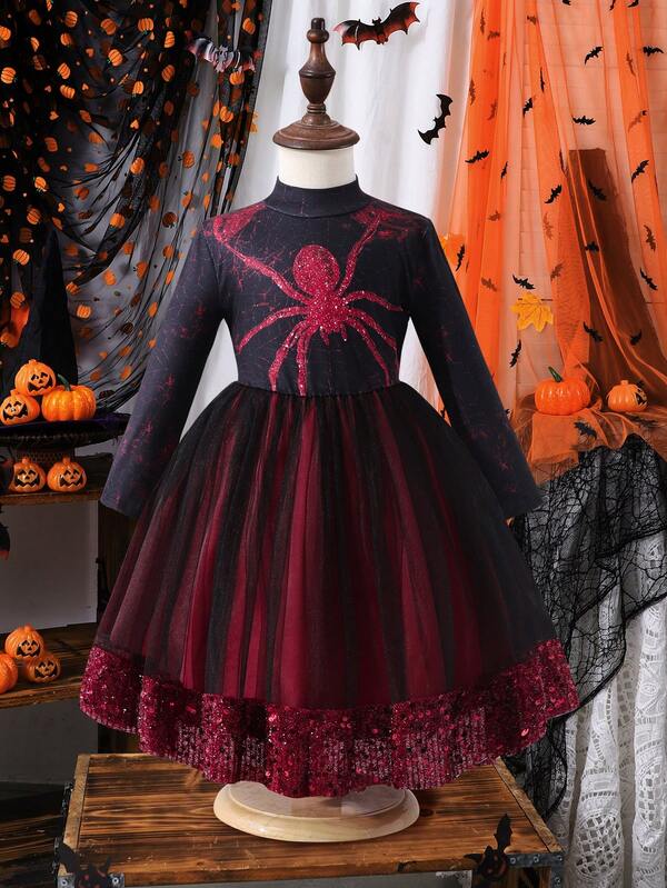 Rochie amuzantă cu paiete și pânză de păianjen pentru fete de Halloween, atmosferă festivă