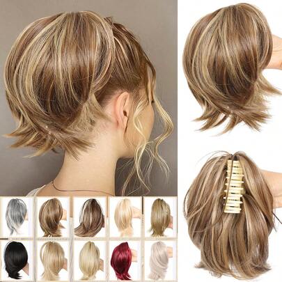 女士爪夹发髻，合成假发接发，短直马尾辫，日常发饰