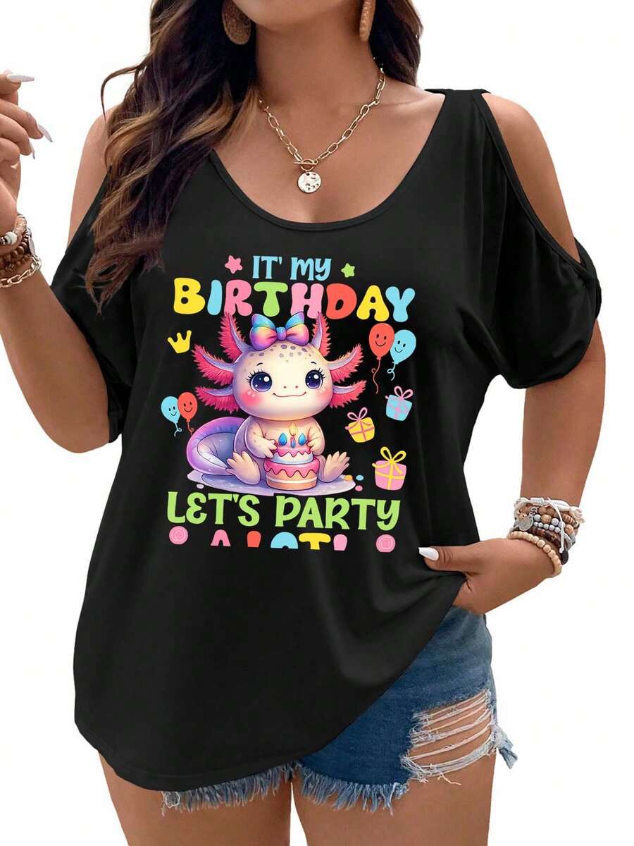 Happy Birthday Axolotl With Cake And Balloons Women Cold Shoulder Tops Summer Short Sleeve Shirt Plus Size - 黑色 - 查看 1