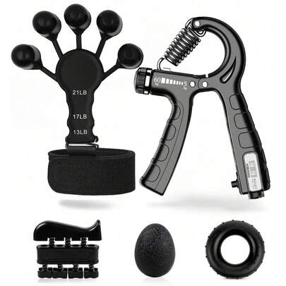 Set de 5 piezas para entrenamiento de manos, muñecas y fuerza - Incluye bandas de resistencia, fortalecedor de agarre, bola de masaje, anillo de agarre y ejercitador de dedos. Accesorios de fitness ideales para guitarristas, pianistas, escaladores, pescadores - Regalo perfecto para novio en Halloween y Navidad (estilo aleatorio)