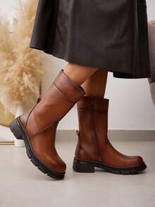 Modische, lässige, retro Ankle Boots mit Plateauabsatz - Kamelfarben - Übersicht 4