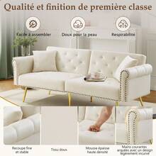 Sofa Bed With Bed Function, Adjustable Angle, Gold Feet, With Cushions And Side Storage Pockets - White - View 5