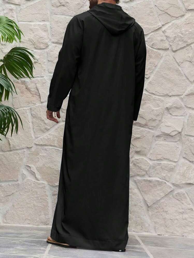 穆斯林男士纯色休闲拉链半开襟长袖连帽传统阿拉伯长袍 - 查看 5