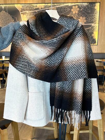 1 pezzo Sciarpa casual di lusso in finta cashmere a quadri vintage marrone scuro per donna - morbida, calda, senza elasticità, antifreddo con eleganti nappe, adatta per autunno/inverno, scialle alla moda