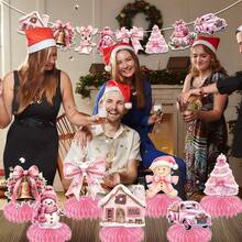 9-Piece Set Of 3D Pink Santa Claus And Gingerbread Man Honeycomb Ornaments - Super Cute, Snowman, Santa Claus, Reindeer, Christmas Tree Shaped Ornaments - Universal Table Decorations For Christmas, Holidays, And Birthday Parties