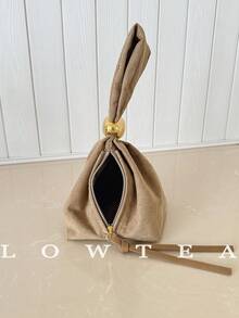 low tea 1pc Solid Color Suede Fabric Handbag For Women, Personalized Mini Cloud Pleated Bag With Metal Decor Zipper Closure, Suitable For Daily And Outing Use - Khaki - View 8