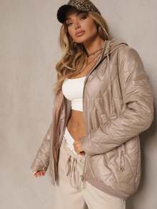 Zip Up Drawstring Hooded Boxy Quilted Coat - Khaki - View 1