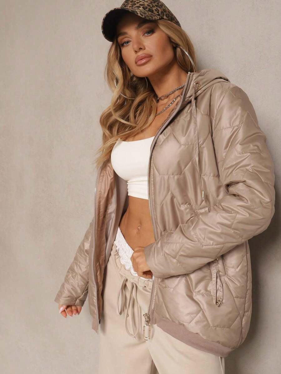 Zip Up Drawstring Hooded Boxy Quilted Coat - Khaki - View 1