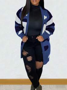 Cárdigan holgado de manga larga con bloque de color y estampado de camuflaje para mujer, cárdigan de punto ligero para otoño/invierno, vacaciones de otoño - Azul - Ver 6
