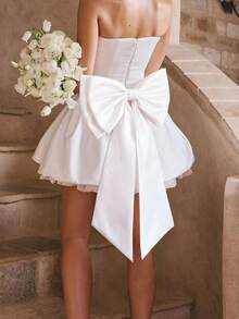 一件白色缎面露背超大蝴蝶结装饰，配长丝带，黑色腰带，缎面材质，正式礼服配饰，适合晚宴、典礼、派对、摄影、T台走秀、表演、角色扮演、婚礼、舞会、情人节配饰 - 彩色 - 查看 11