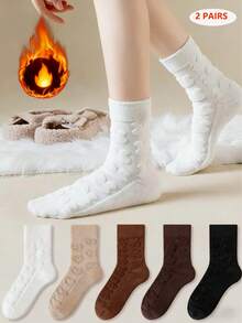 2 Paar Damen Herzmuster einfarbige Kabel-Stricksocken, geruchshemmend und feuchtigkeitsableitend, modisch und vielseitig, geeignet für Herbst und Winter, zufällige Farben