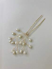 1pc Bridal Hair Accessory Handmade Faux Pearl Hair Fork, Elegant French Vintage Hair Clip, Metal Hair Pin, Beautiful Headpiece Perfect For Wedding And Party Tiaras - 金子 - 查看 9