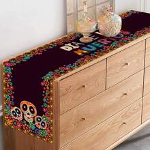 Chemin de table en lin pour le Jour des Morts mexicain, chemin de table avec crâne de sucre pour le Jour des Morts au Mexique, pour la décoration de table à la maison et les fêtes