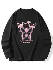 新款女式圆领蝴蝶和字母印花 T 恤，休闲舒适可爱宽松插肩长袖上衣，秋冬 - 黑色 - 查看 3