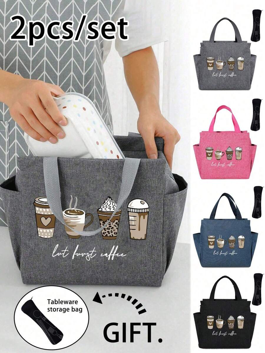 A Thermal Lunch Bag With Four Cups Of Black Coffee And A Heart, Leopard Print Pattern Printed On It,Insulated Bag With The "Lut Furst Caffee" Pattern Paired With A Black Cutlery Storage Bag