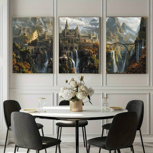 3 PiecesFrameless Canvas Wall Art Set, Elven City Fantasy Landscape, Light Luxury Wall Decor For Living Room, Bedroom, Studio, Hallway - Lord Of Rings Inspired Artistic Hanging Paintings