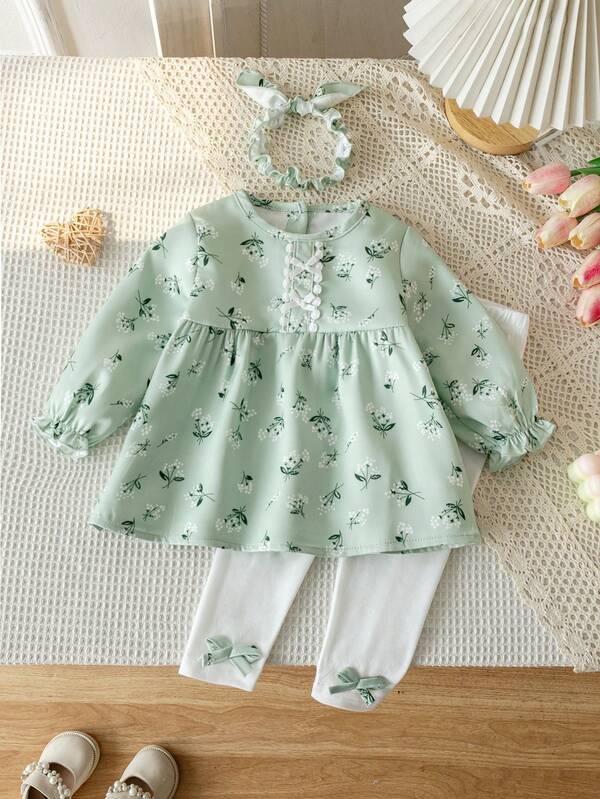 3pcs Baby Girls' Spring/Autumn Long Sleeve Outfit Set - Fashionable Princess Dress, Pants And Headband