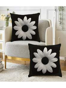 2 pièces Housses de coussin décoratif vintage à motif marguerite noir et blanc, taille 18" X 18", en velours doux, lavables en machine, 100% polyester, avec fermeture à glissière, pour canapé, lit, voiture, salon - Insert de coussin non inclus - Noir - Voir 10
